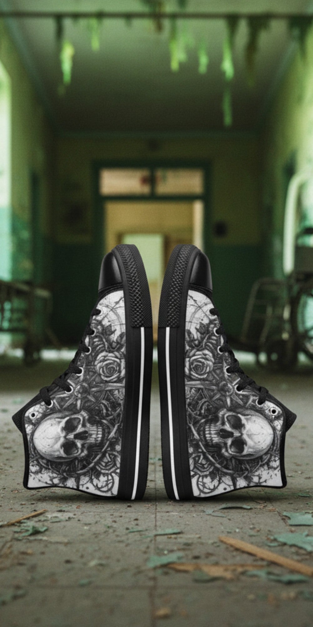 Men's Dark Gothic Art Skull high-top canvas shoes, custom full-wrap printed design — Freaky Shoes