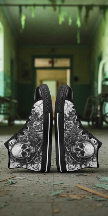 Men's Dark Gothic Art Skull high-top canvas shoes, custom full-wrap printed design — Freaky Shoes
