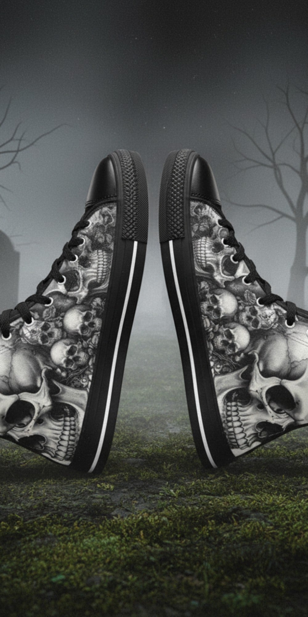 Women's Dark Rose Grey Skull Gothic custom high-top canvas shoes — wearable art by Freaky Shoes