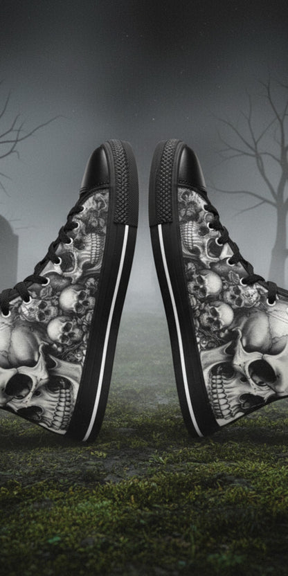 Women's Dark Rose Grey Skull Gothic custom high-top canvas shoes — wearable art by Freaky Shoes