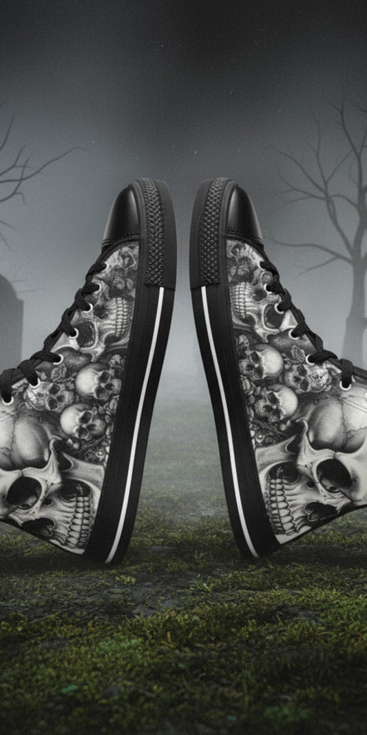 Freaky Shoes® men's gothic high top canvas sneakers featuring a dark rose and skull print in a graveyard setting.