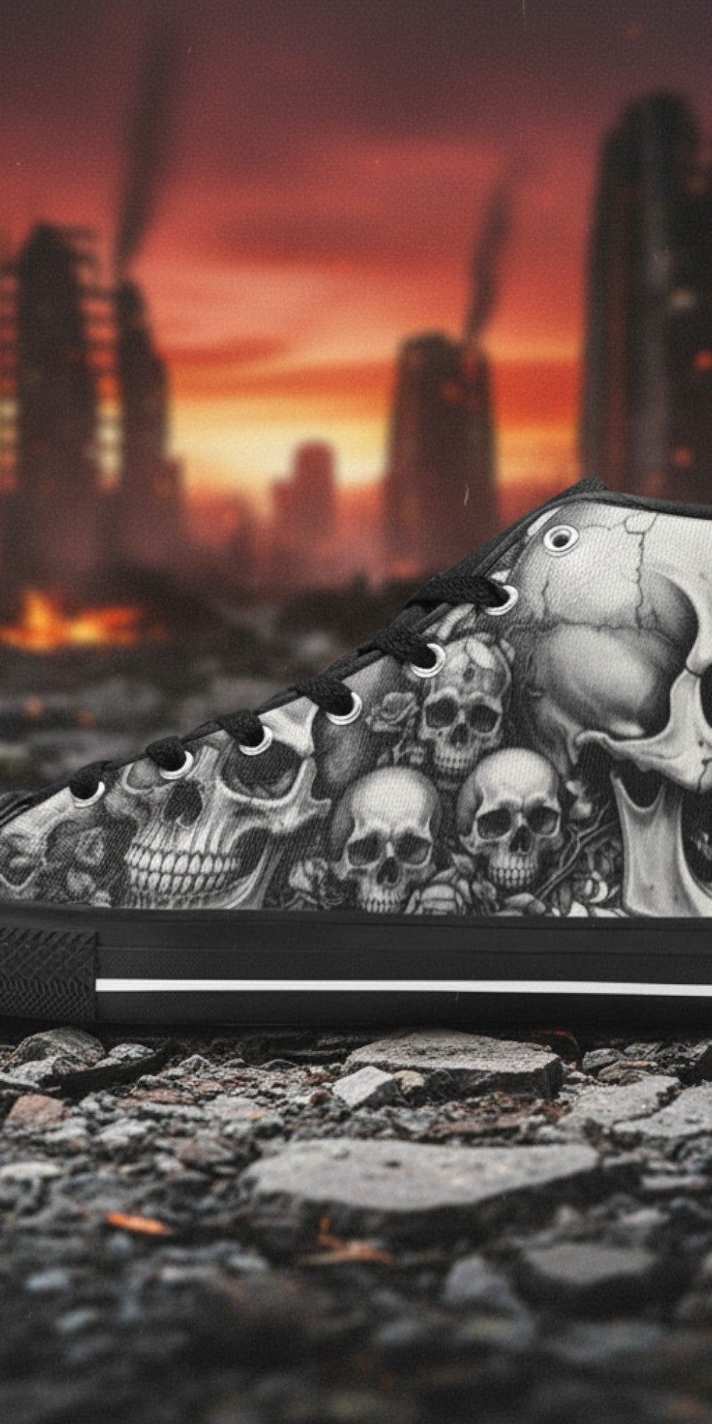 Custom Men's Dark Gothic Moon Skull high-top canvas shoes with bold all-over art — Freaky Shoes