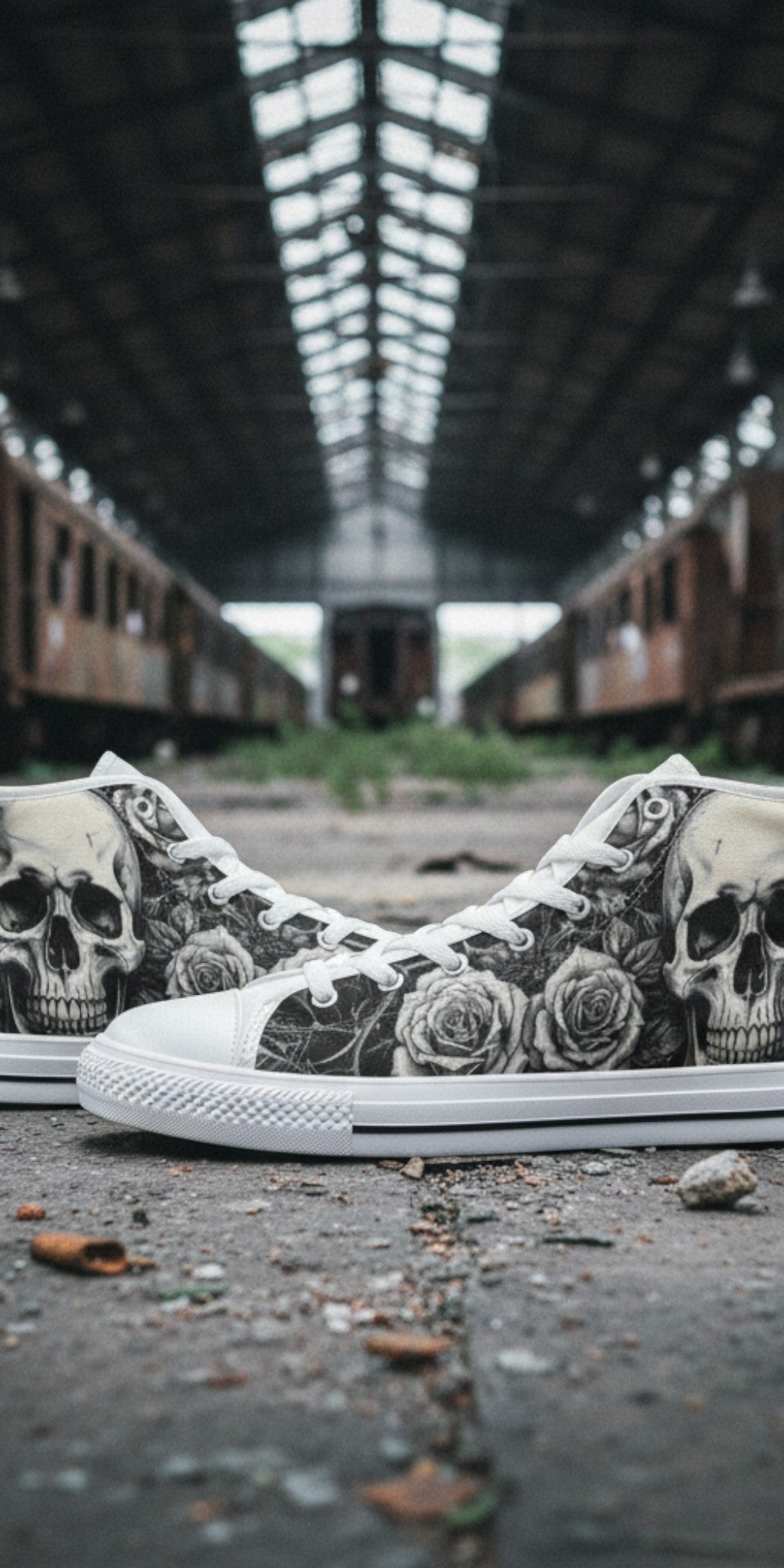 Women's Gothic Skull Dark Art high-top canvas shoes, custom full-wrap printed design — Freaky Shoes