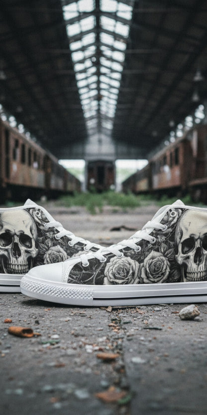 Women's Gothic Skull Dark Art high-top canvas shoes, custom full-wrap printed design — Freaky Shoes