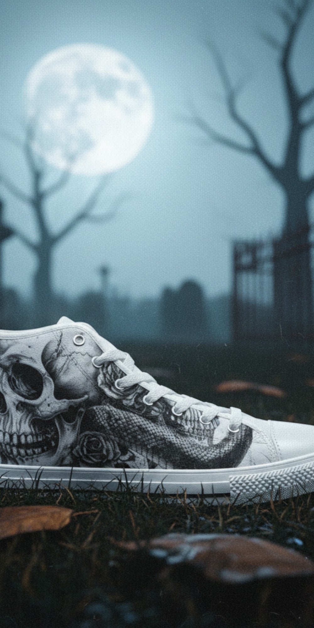 Women's Skull Gothic Dark Art custom high-top canvas shoes — wearable art by Freaky Shoes