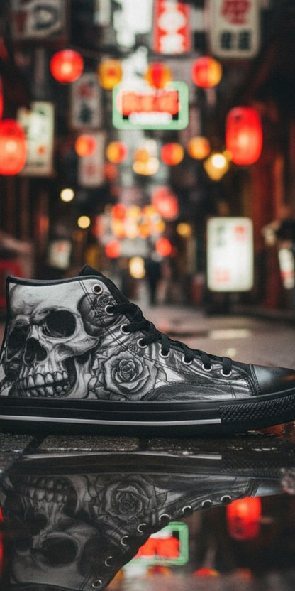 Custom Men's Grey Gothic Dark Skull Art high-top canvas shoes with bold all-over art — Freaky Shoes
