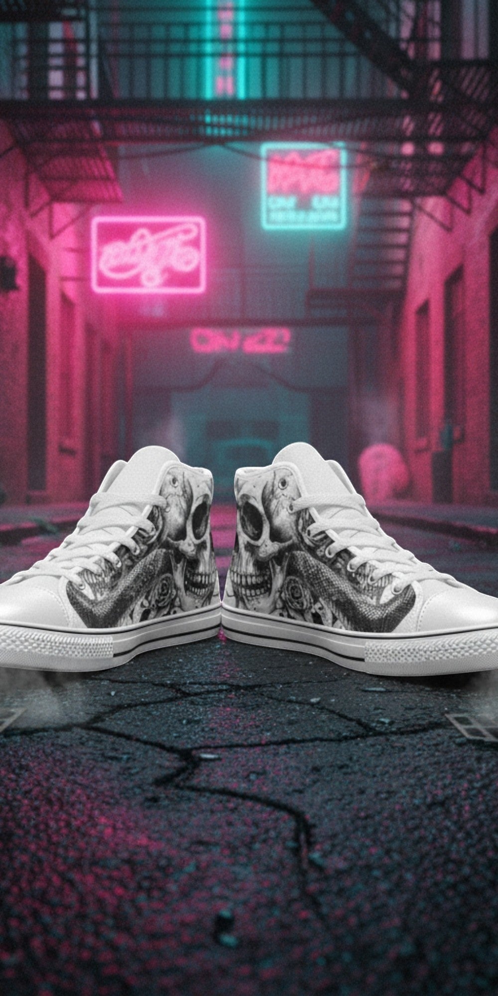 Women's Gothic Skull Dark Art Rose hand-made high-top canvas shoes — unique wearable art by Freaky Shoes