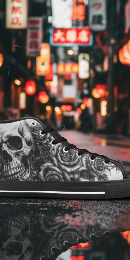 Men's Grey Gothic Dark Skull Art high-top canvas shoes — one-of-a-kind custom printed art, Freaky Shoes