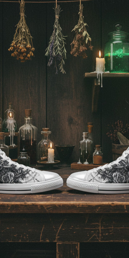 Custom Women's Skull & Crown Gothic Dark Art high-top canvas shoes with bold all-over art — Freaky Shoes