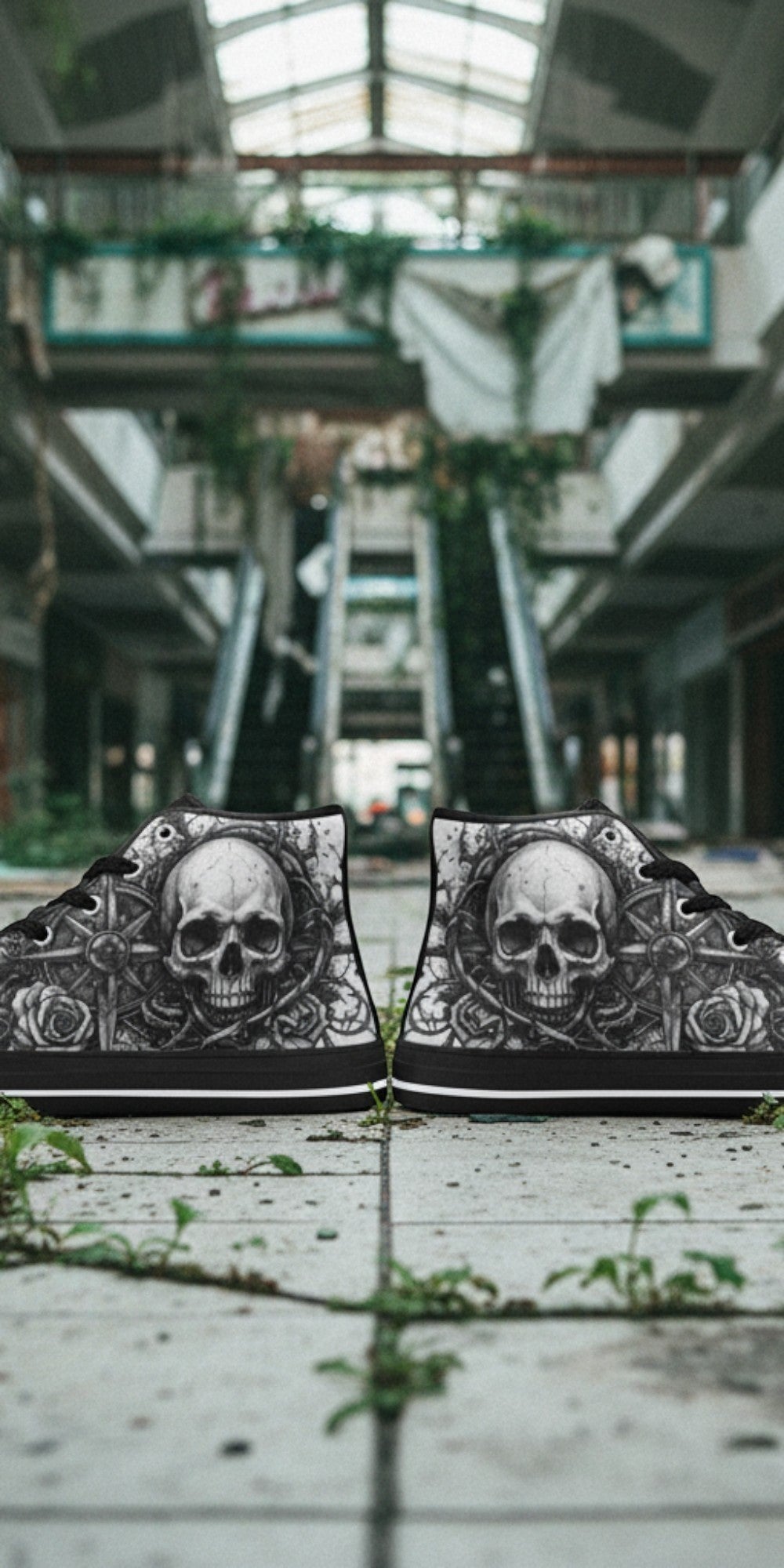 Women's Dark Gothic Skull custom high-top canvas shoes — wearable art by Freaky Shoes