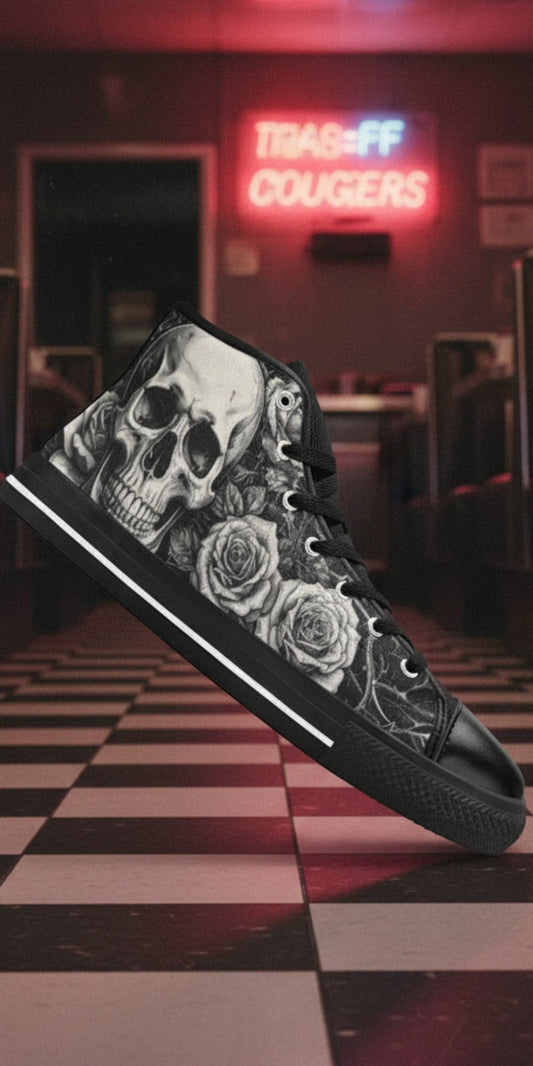 Freaky Shoes® women's gothic high top canvas sneakers featuring a black and white skull and rose print design.