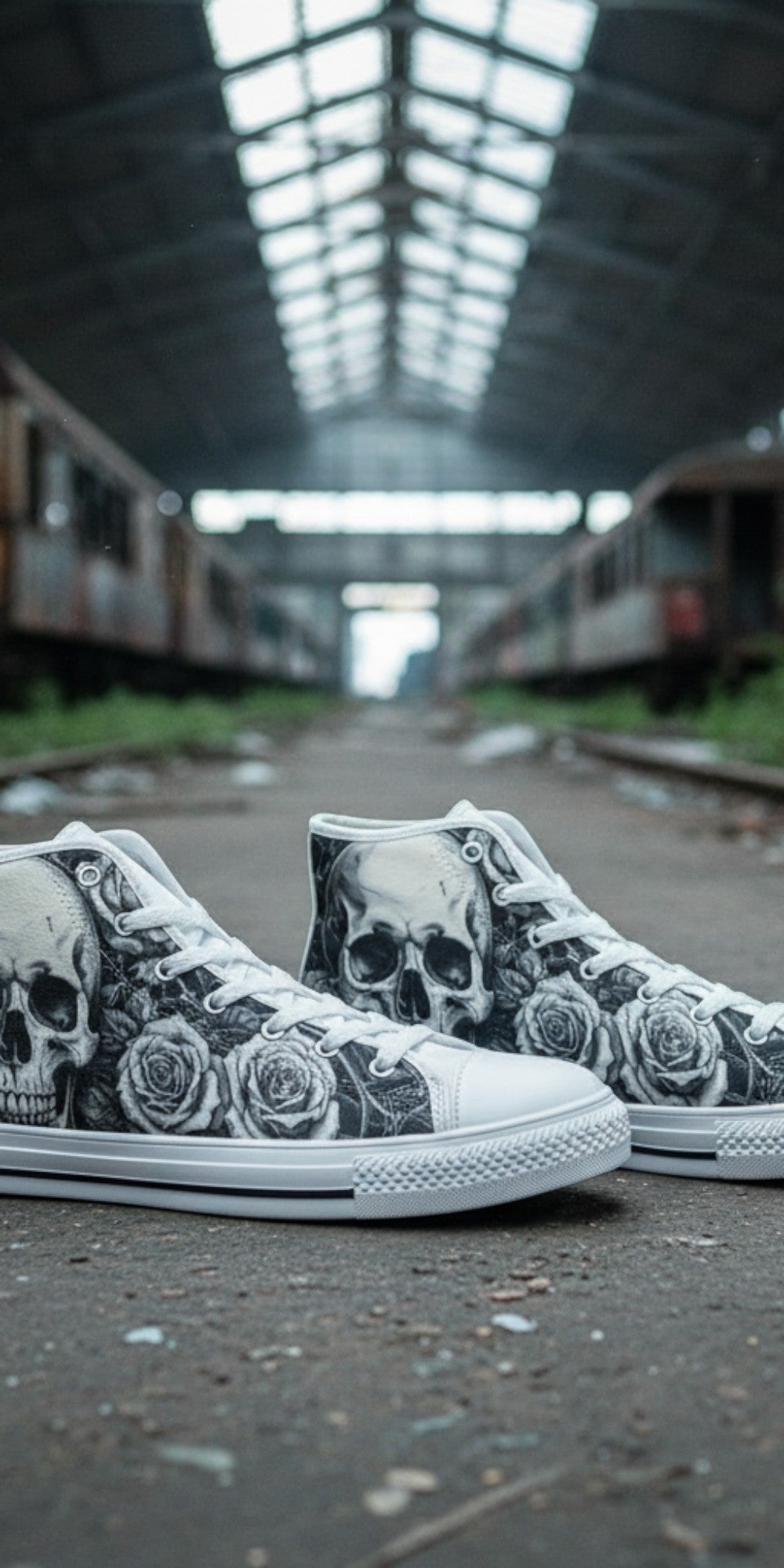 Women's Gothic Skull Dark Art high-top canvas shoes — one-of-a-kind custom printed art, Freaky Shoes