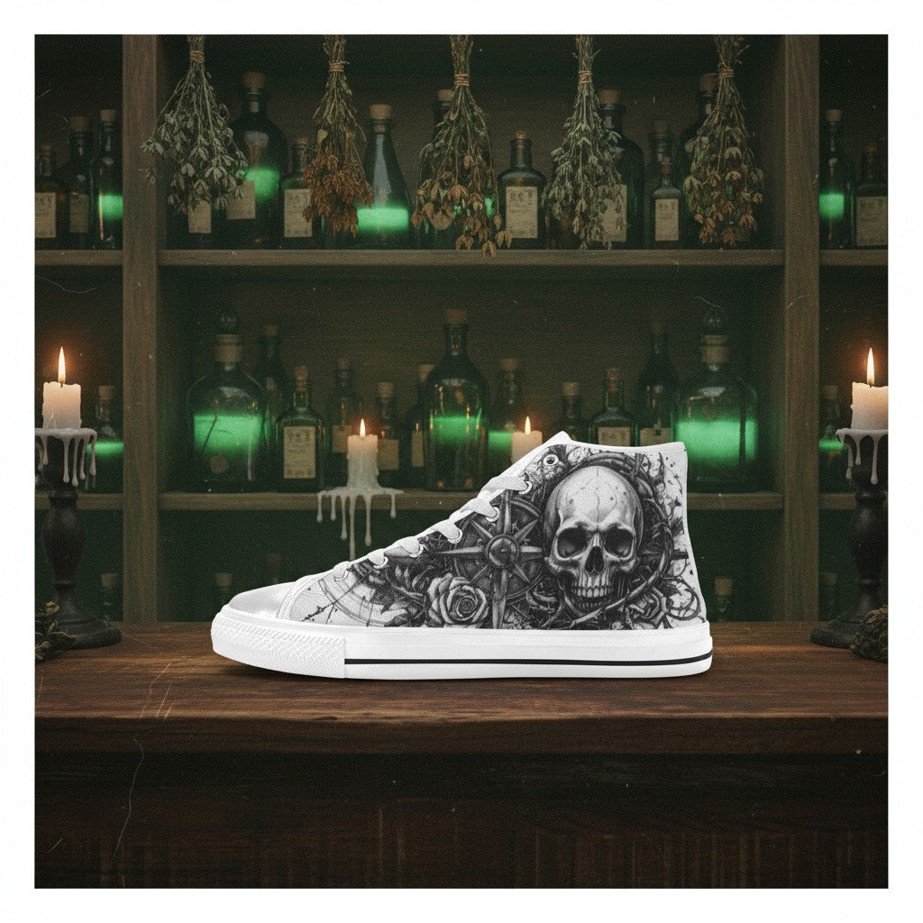 Custom Women's Skull & Crown Gothic Dark Art high-top canvas shoes with bold all-over art — Freaky Shoes
