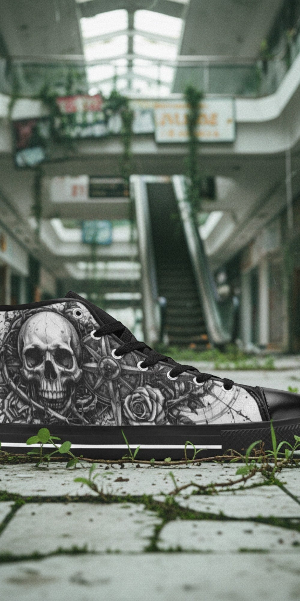 Women's Dark Gothic Skull high-top canvas shoes, custom full-wrap printed design — Freaky Shoes