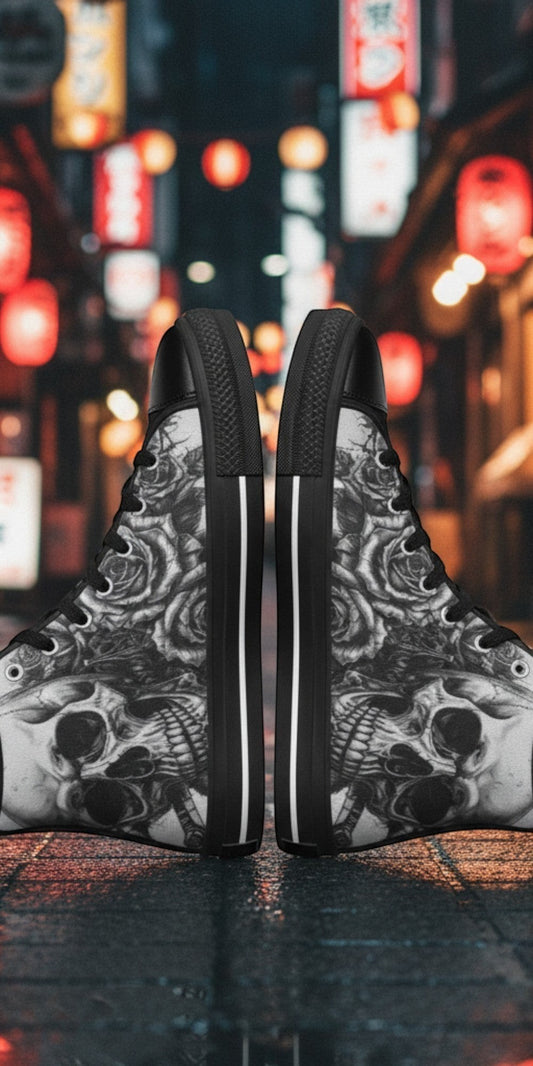 Freaky Shoes® grey gothic high top canvas sneakers featuring a detailed skull and rose print on a city street.