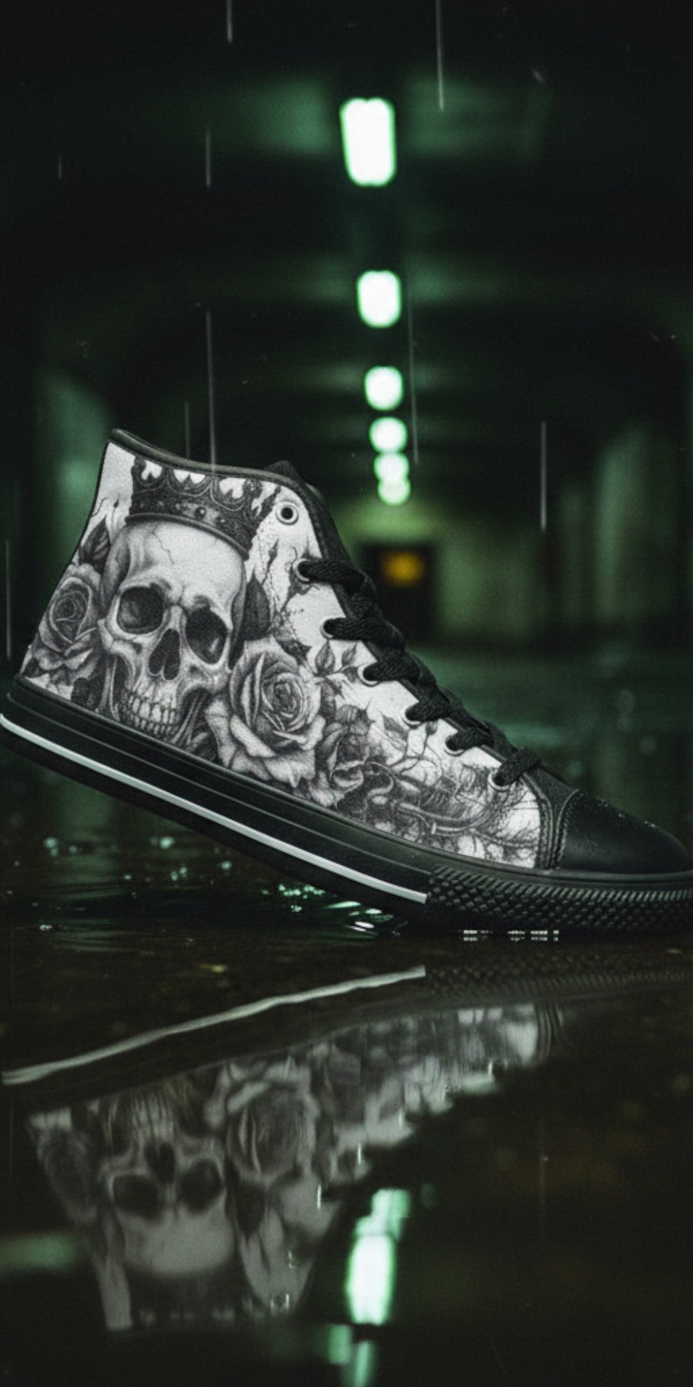 Women's Dark Monochrome Skull Gothic Art hand-made high-top canvas shoes — unique wearable art by Freaky Shoes