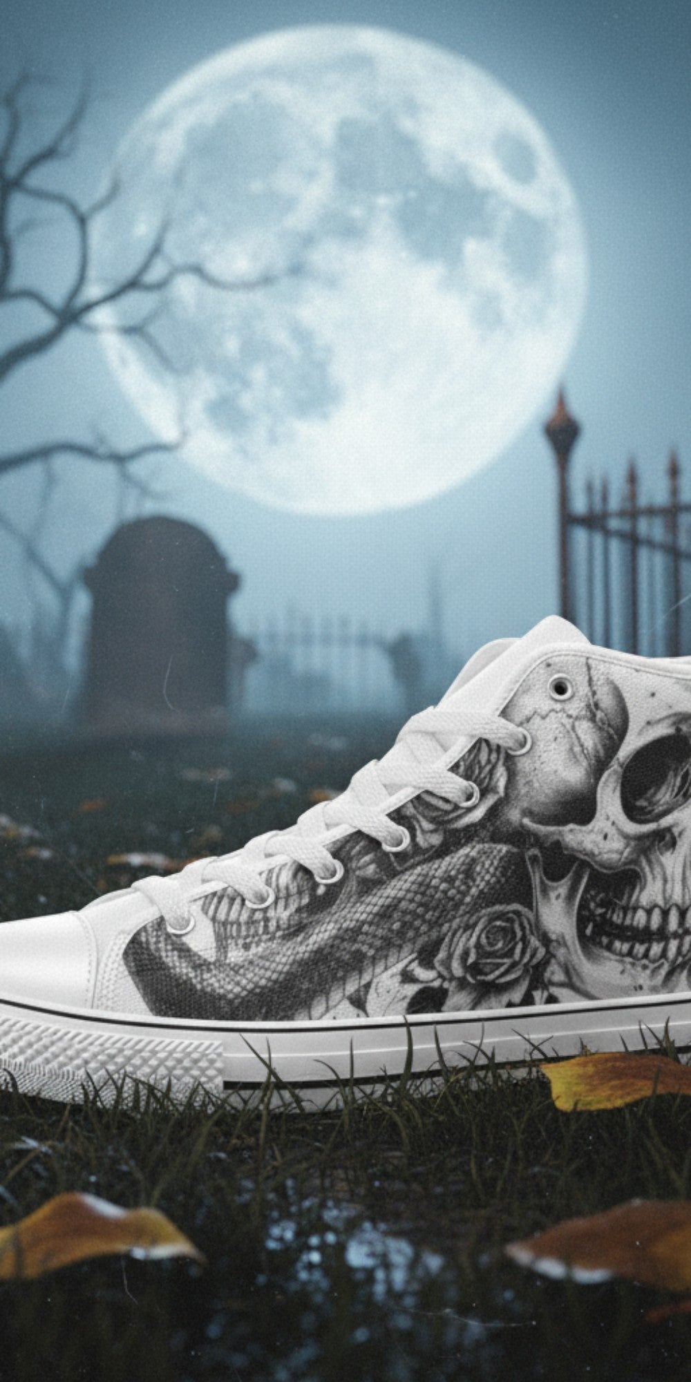 Women's Skull Gothic Dark Art high-top canvas shoes — one-of-a-kind custom printed art, Freaky Shoes