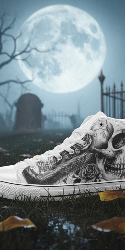 Women's Skull Gothic Dark Art high-top canvas shoes — one-of-a-kind custom printed art, Freaky Shoes