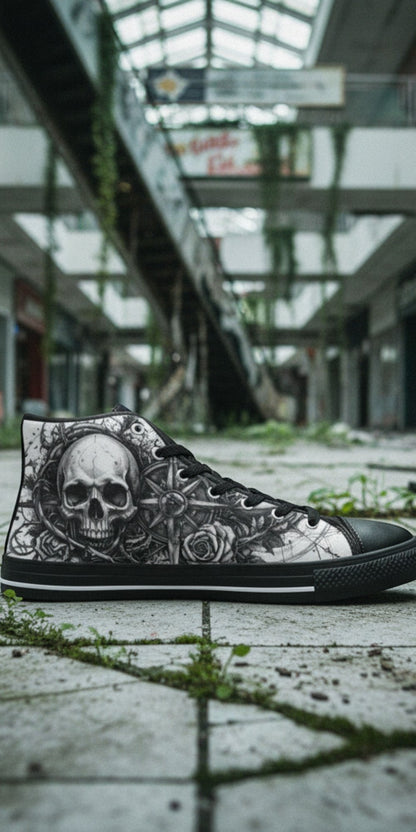 Women's Dark Gothic Skull high-top canvas shoes — one-of-a-kind custom printed art, Freaky Shoes