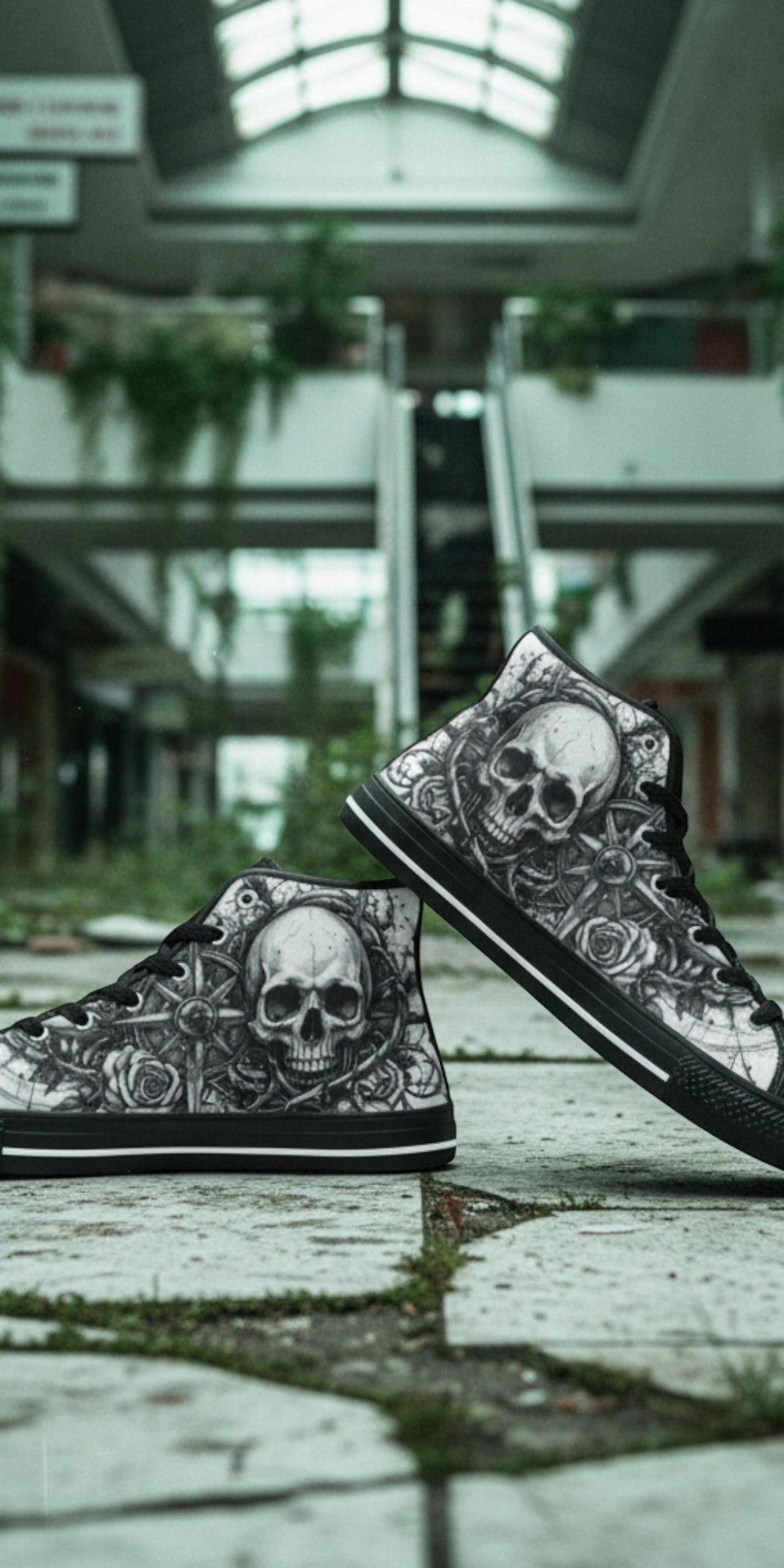 Women's Dark Gothic Skull custom high-top canvas shoes — wearable art by Freaky Shoes