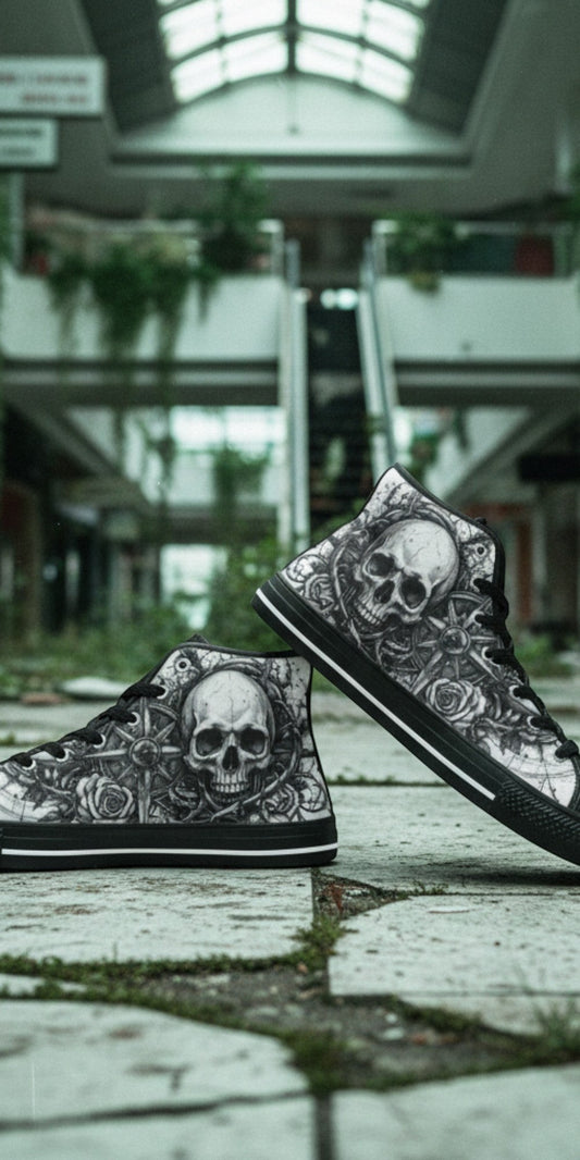 Freaky Shoes® men's high top canvas sneakers featuring a dark gothic skull and butterfly print in black and white.