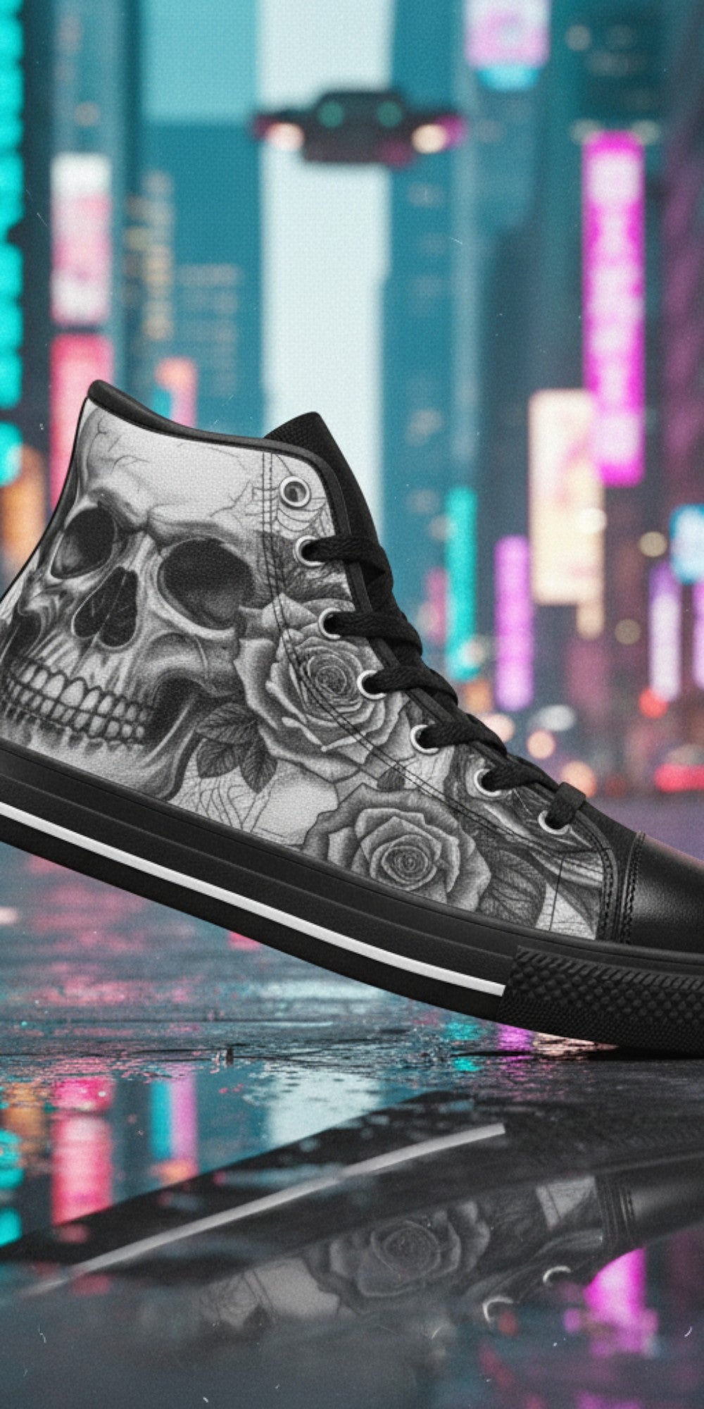 Women's Dark Art Gothic Skull custom high-top canvas shoes — wearable art by Freaky Shoes