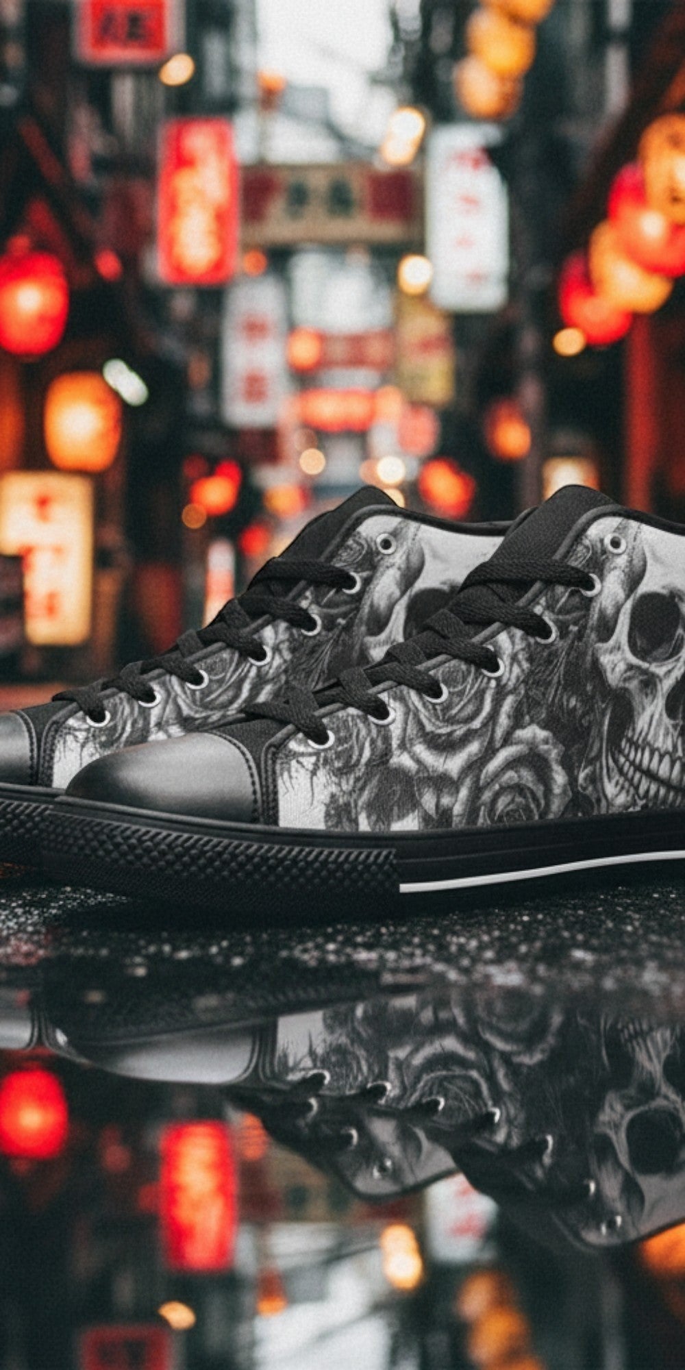 Men's Grey Gothic Dark Skull Art custom high-top canvas shoes — wearable art by Freaky Shoes
