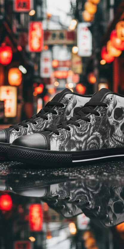 Men's Grey Gothic Dark Skull Art custom high-top canvas shoes — wearable art by Freaky Shoes