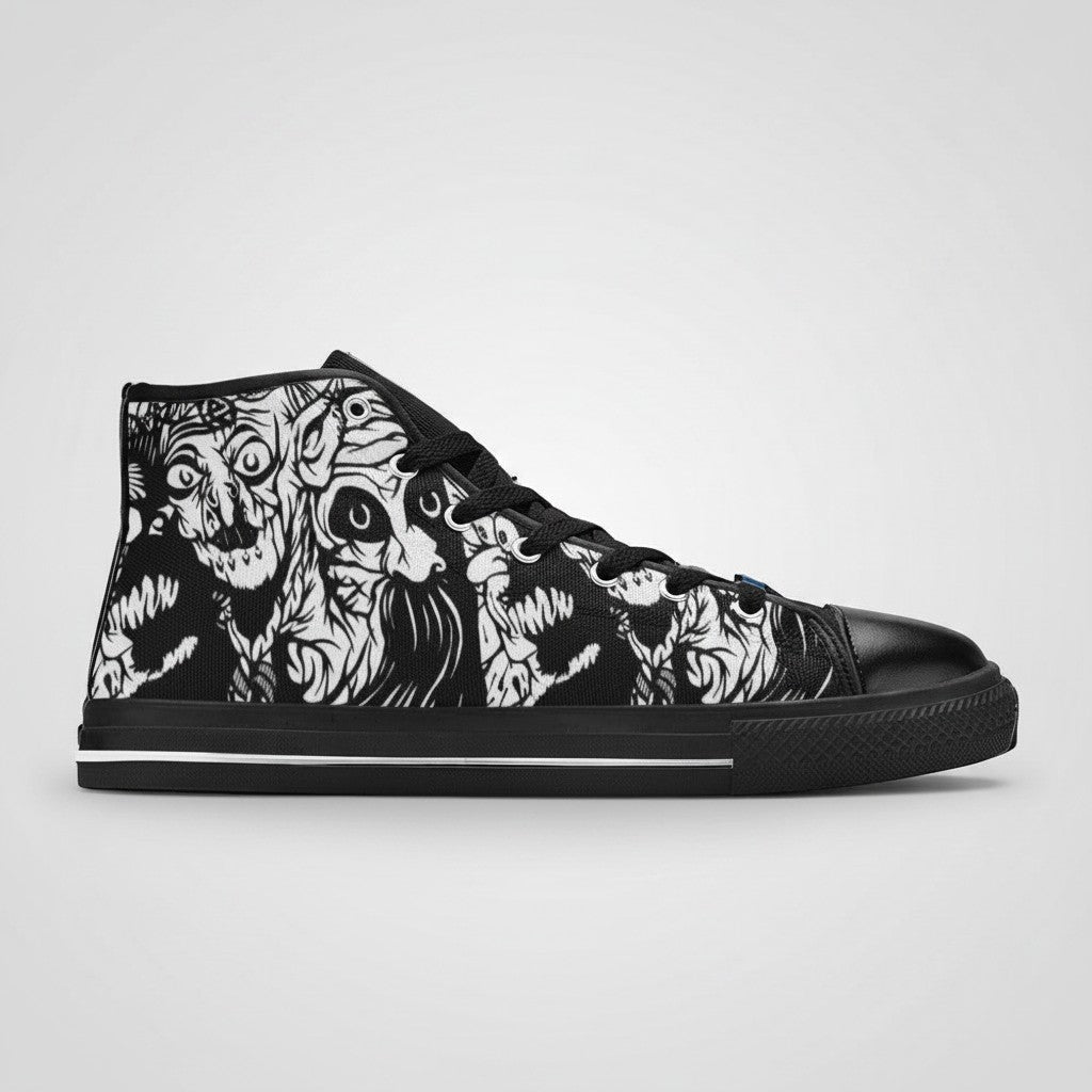 Freaky Shoes® women's high-top canvas sneakers featuring a black and white gothic skull art print.