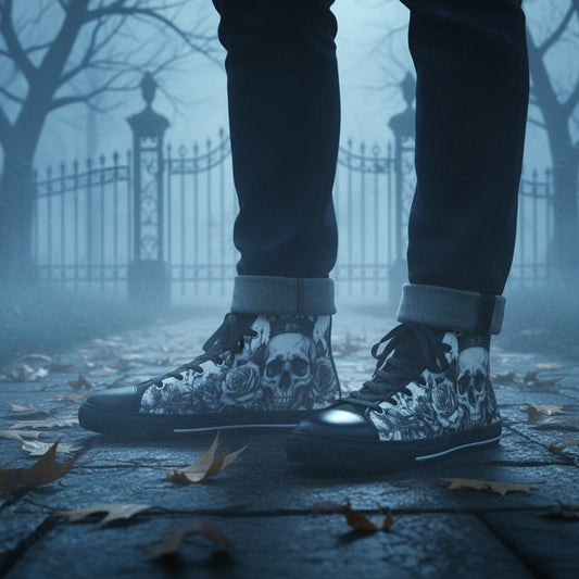 Freaky Shoes® women's gothic high-top canvas shoes featuring a black and white horror skull and rose art print.