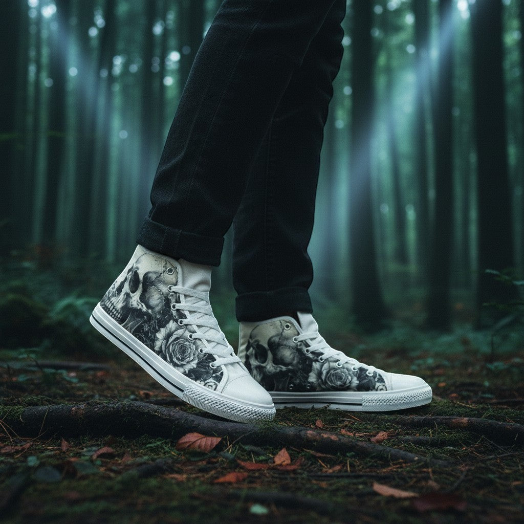 Freaky Shoes® women's high-top canvas sneakers featuring a gothic skull and dark rose print in a misty forest setting.