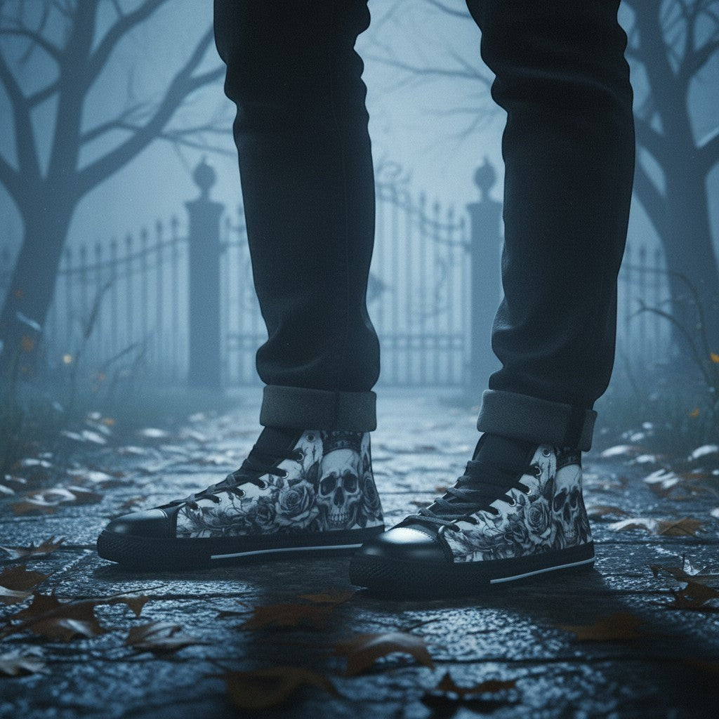 Freaky Shoes® women's gothic high-top canvas sneakers featuring a black and white horror skull and rose art print.