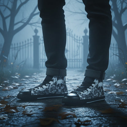 Freaky Shoes® women's gothic high-top canvas sneakers featuring a black and white horror skull and rose art print.
