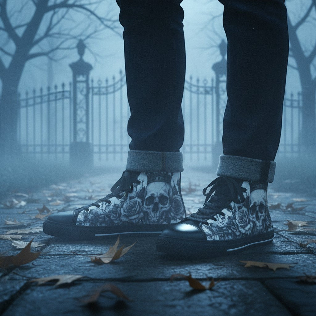 Freaky Shoes® women's gothic high-top canvas shoes featuring a black and white horror skull and rose art print.
