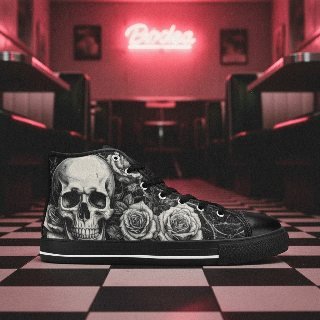 Women's Dark Art Skull Gothic hand-made high-top canvas shoes — unique wearable art by Freaky Shoes