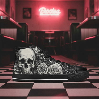 Women's Dark Art Skull Gothic hand-made high-top canvas shoes — unique wearable art by Freaky Shoes