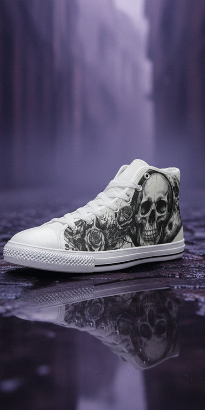 Women's Moon & Skull Dark Art Gothic high-top canvas shoes — one-of-a-kind custom printed art, Freaky Shoes