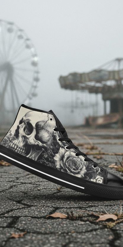 Women's Grey Skull Greyscale Gothic hand-made high-top canvas shoes — unique wearable art by Freaky Shoes
