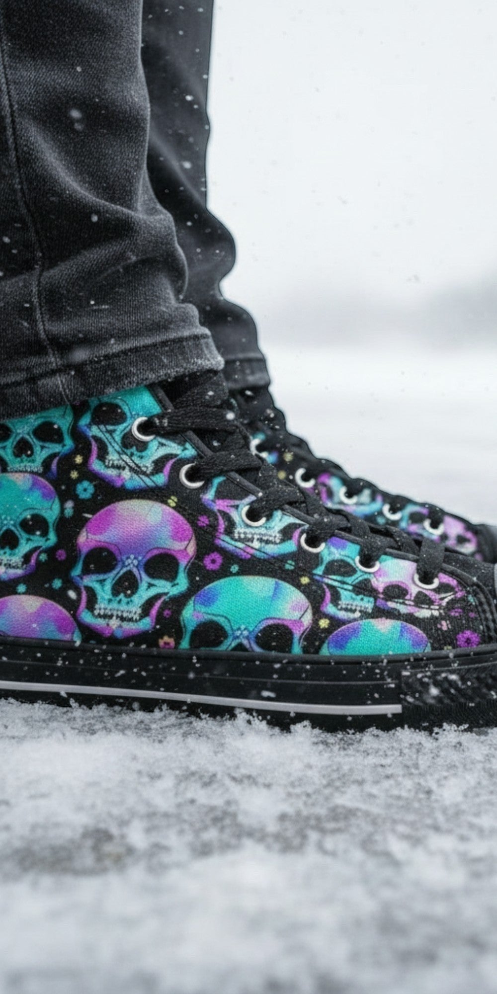 Custom Women's Colorful Gothic Skull Art high-top canvas shoes with bold all-over art — Freaky Shoes