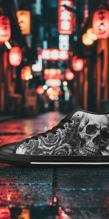 Men's Grey Gothic Dark Skull Art high-top canvas shoes — one-of-a-kind custom printed art, Freaky Shoes