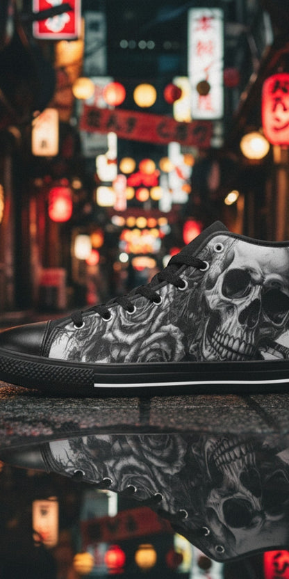 Men's Grey Gothic Dark Skull Art high-top canvas shoes, custom full-wrap printed design — Freaky Shoes