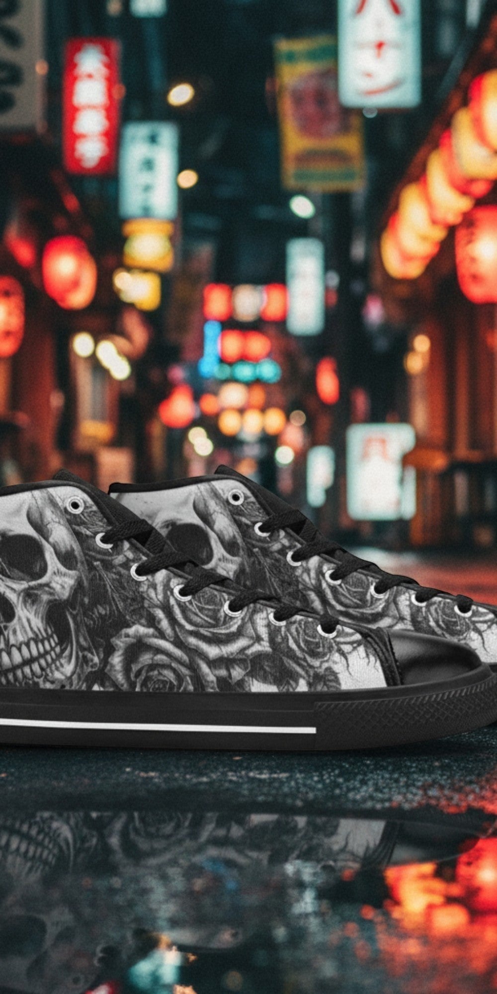Men's Grey Gothic Dark Skull Art hand-made high-top canvas shoes — unique wearable art by Freaky Shoes