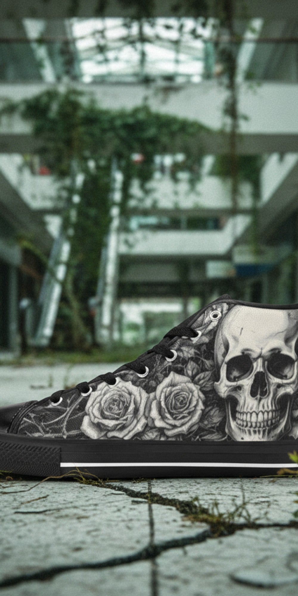Men's Grey Skull & Wings Dark Gothic high-top canvas shoes, custom full-wrap printed design — Freaky Shoes
