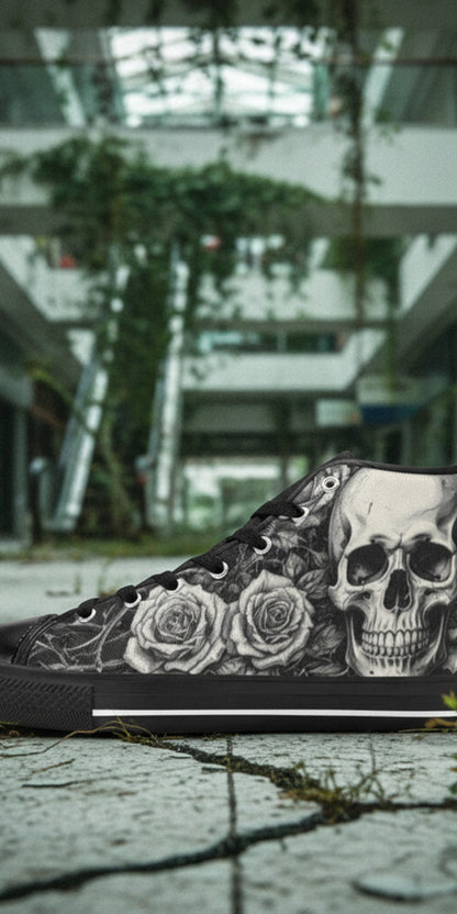 Men's Grey Skull & Wings Dark Gothic high-top canvas shoes, custom full-wrap printed design — Freaky Shoes
