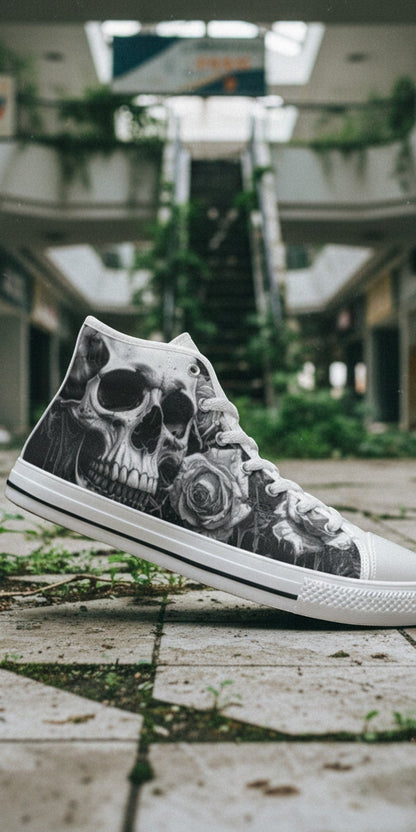 Freaky Shoes® high top canvas sneakers featuring a gothic skull and rose print in grey and black on a tiled floor.
