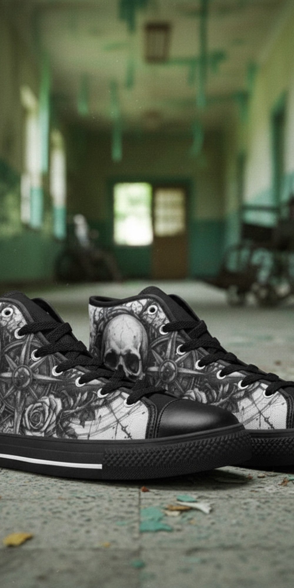 Men's Dark Gothic Art Skull hand-made high-top canvas shoes — unique wearable art by Freaky Shoes