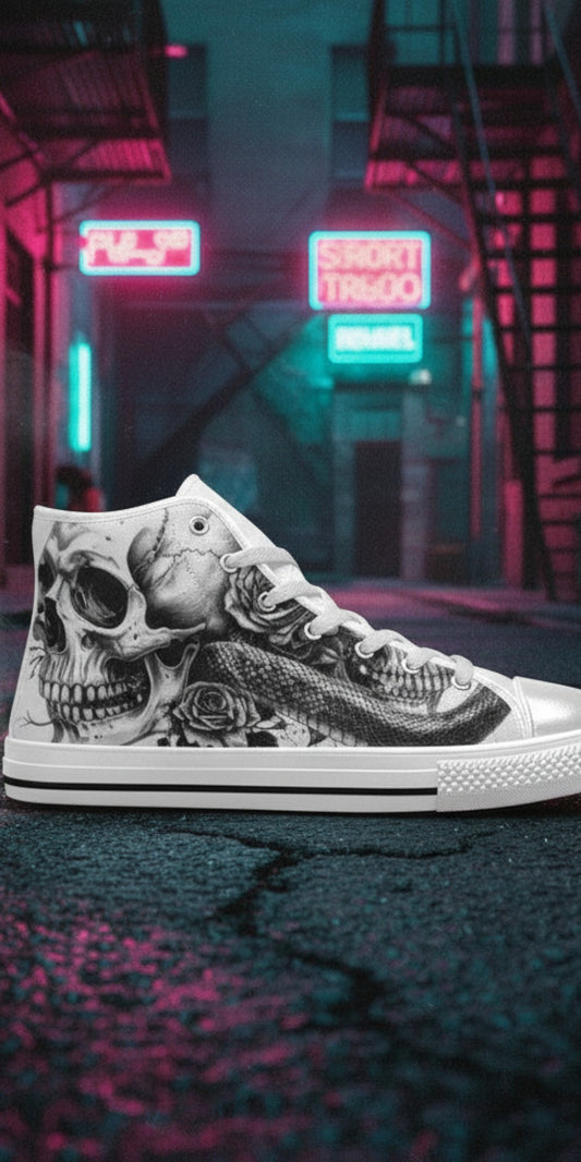 Freaky Shoes® Gothic skull and rose canvas high top sneakers with lace-up closure in a neon-lit urban alleyway.