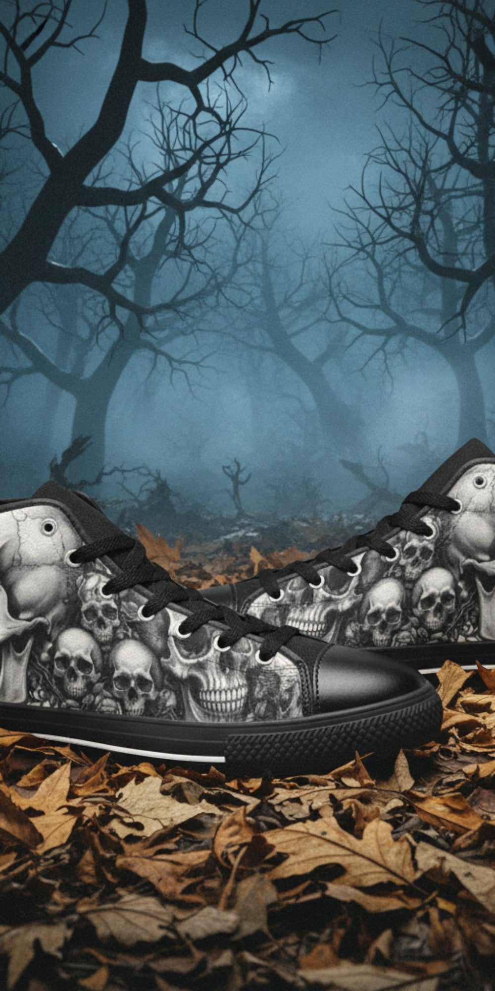 Men's Monochrome Gothic Skull Dark Art high-top canvas shoes — one-of-a-kind custom printed art, Freaky Shoes