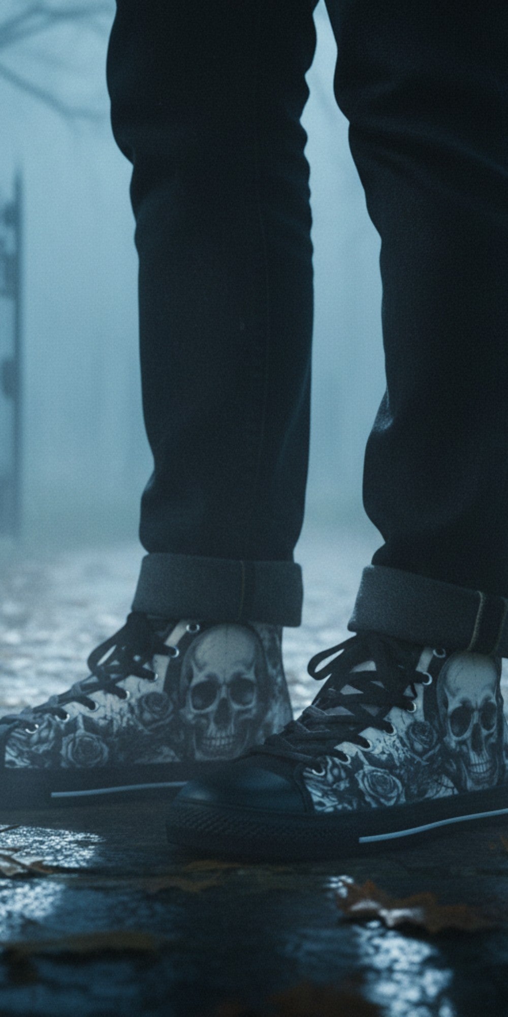Freaky Shoes® gothic high top canvas sneakers featuring a grey skull and rose print, worn in a misty graveyard.