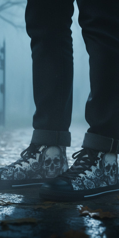 Freaky Shoes® gothic high top canvas sneakers featuring a grey skull and rose print, worn in a misty graveyard.